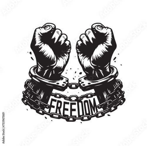 A pair of hands chained to a chain with the text words freedom. A pair of hand in handcuff. Hand drawn vector illustration.