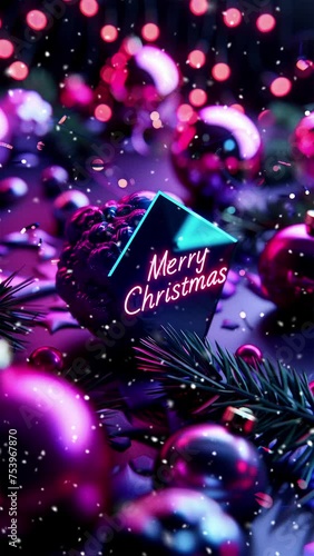 Сhristmas atmosphere. Тext Merry Christmas. Falling snowflakes. Falling snowflakes effect. Neon. Looped snow.  Generative AI. photo