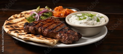 A plate of food featuring a juicy steak, warm pita bread, and creamy mashed potatoes, showcasing a delicious and hearty meal.