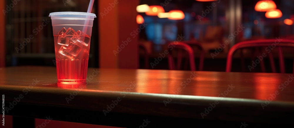 A plastic cup with a straw is placed on a table, ready to be used for a refreshing drink. The table surface is plain and uncluttered, emphasizing the simplicity of the scene.