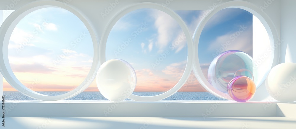 A room with round windows offers a view of the vast ocean. The abstract white interior is complemented by the array colored spheres. The windows frame the tranquil blue waters and distant horizon.