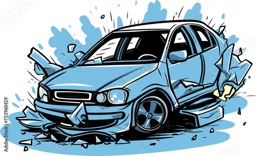 Realistic Vector Graphic Illustrating a Car Crash During a Thunderstorm with Lightning