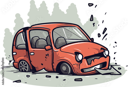 High Quality Vector Illustration of a Car Crash into a Tree with Broken Branches