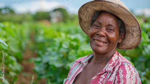 smiling portrait of a middle aged old african american woman working on a farm field  photo