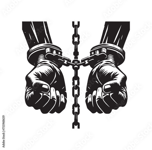 A pair of hands chained to a chain with the text words freedom. A pair of hand in handcuff. Hand drawn vector illustration.