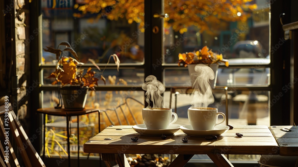 two cups of hot coffee on a wooden coffee shop table in autumn