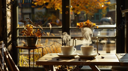 two cups of hot coffee on a wooden coffee shop table in autumn