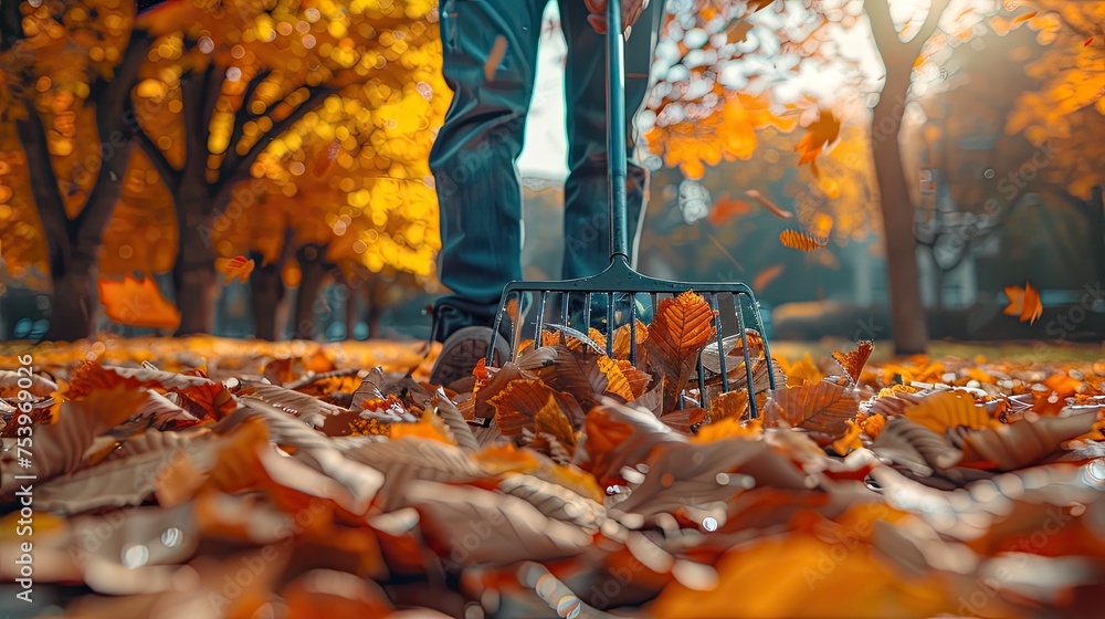 man with a fan rake picking up fallen leaves in autumn 
