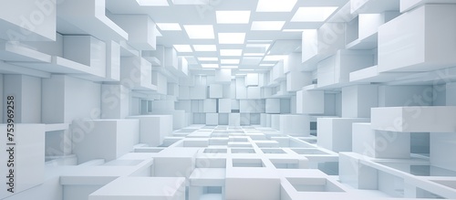 A white room filled with numerous white cubes  creating an abstract architectural interior. The cubes are arranged in an array  with large windows allowing natural light to filter through.