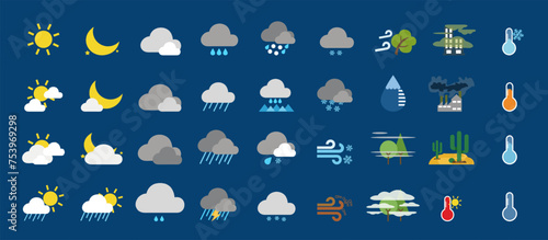 Weather icons. Weather forecast icon set. All seasons weather icon. Weather, rain, snowflakes, thunderstorm, sunny, cloudy, wind, daylight, night, temperature, rainbow, sun, moon. Vector illustration