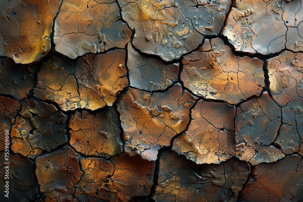 Detail of dry, cracked earth with a rich palette of warm tones that speaks to themes of drought and natural textures Detail of dry, cracked earth with a rich palette of warm tones that speaks to themes of drought and natural textures