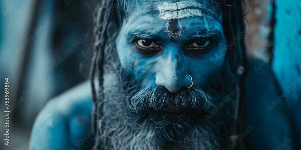 Blue painted man with intense gaze Blue painted man with intense gaze