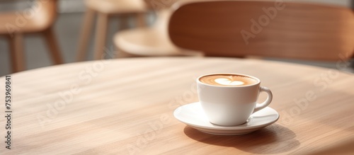 A close-up view of a white espresso cup placed on a light brown wooden table in a minimalistic cafeteria setting.