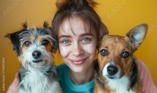 Joyful young girl embracing a brown dog, smiling broadly during a pet adoption event, symbolizing love and companionship
