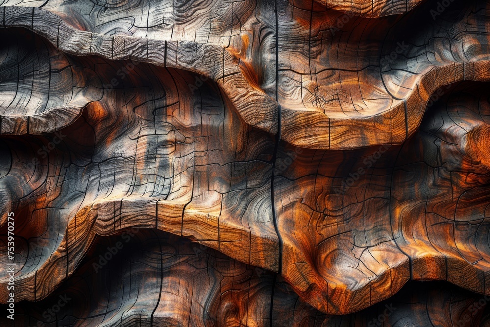 An artistic play of light and shadow over the wavy texture of wood, which gives it a dynamic appearance and a sensation of movement An artistic play of light and shadow over the wavy texture of wood, which gives it a dynamic appearance and a sensation of movement