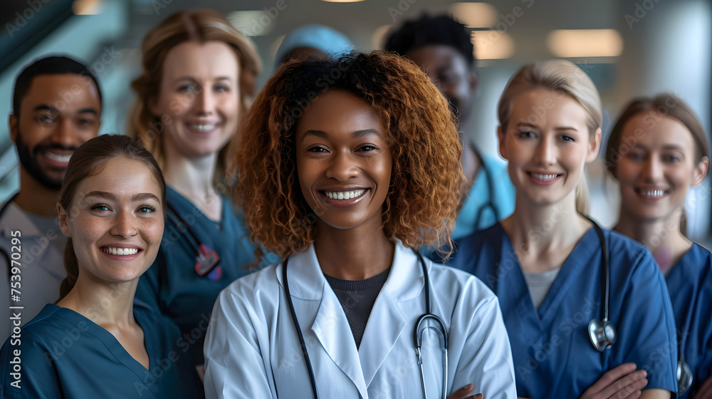 Diverse group of happy healthcare professionals posing together Diverse group of happy healthcare professionals posing together