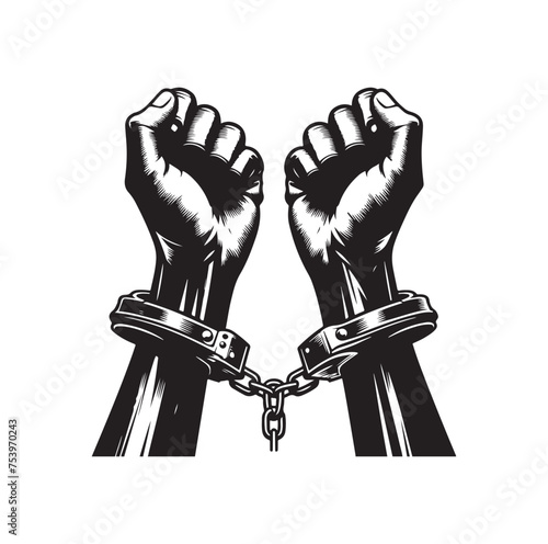 A pair of hands chained to a chain with the text words freedom. A pair of hand in handcuff. Hand drawn vector illustration.