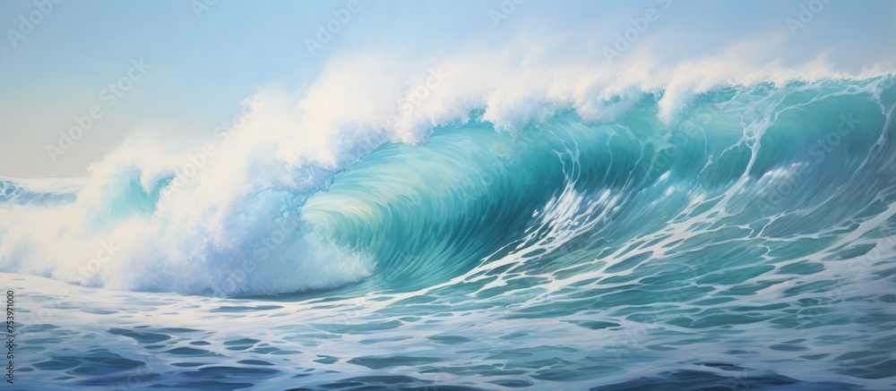 The painting depicts a large wave crashing in the ocean, showcasing the raw power and force of nature. The wave is towering and turbulent, with foamy white crests and deep blue hues.