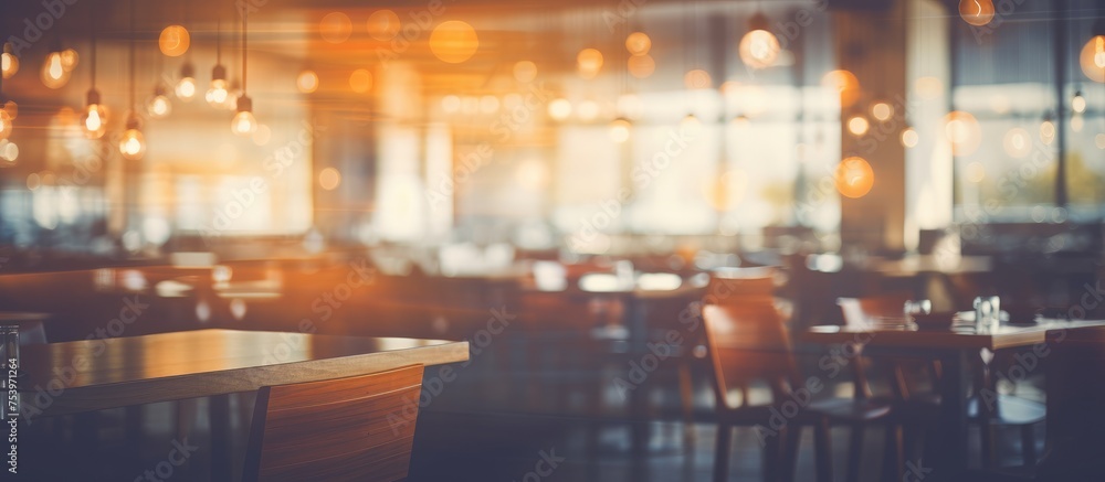 The abstract blur of tables and chairs in a restaurant interior, creating a vintage filter effect. The image showcases the layout and ambiance of the dining space.