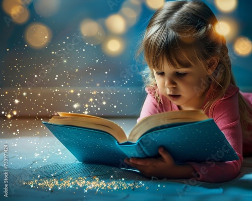 Child reading a book with colorful illustrations close-up on learning and imagination