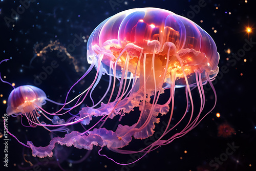 A nubula jellyfish its translucent bell pulsating with vibrant colors of cosmic photo
