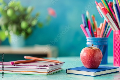 School books and apple on a teachers desk close-up on preparation and nourishment of the mind photo