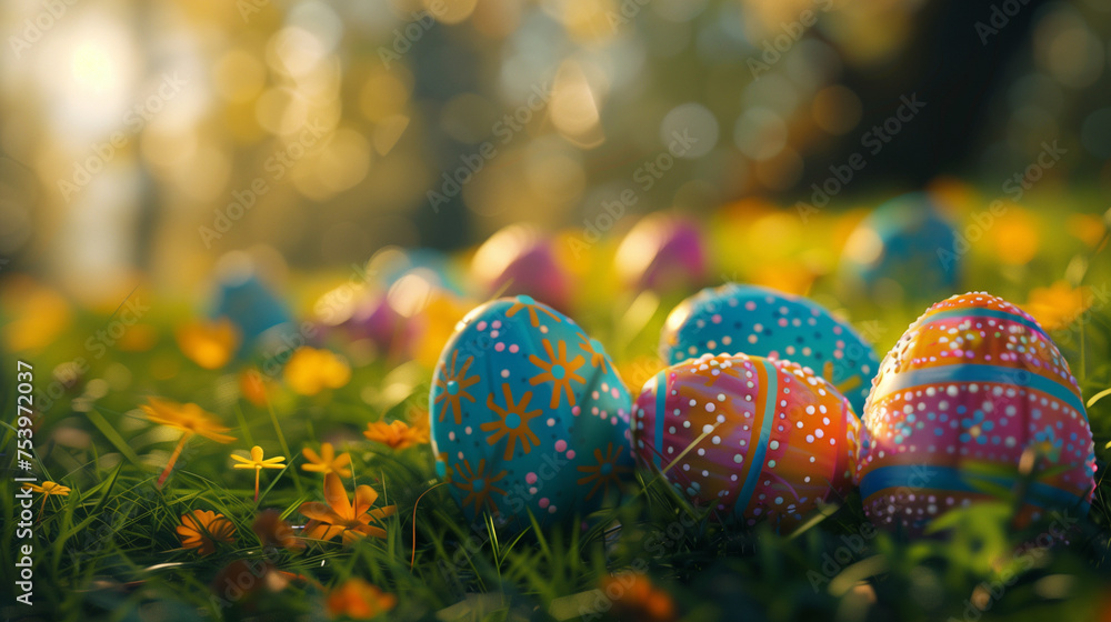 easter eggs in grass, soft sunlight with bokeh, painted easter eggs background with copy space easter eggs in grass, soft sunlight with bokeh, painted easter eggs background with copy space