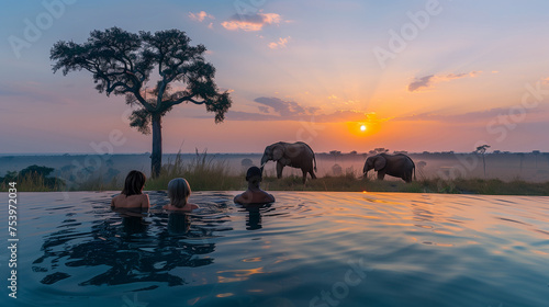 A couple in a swimming pool with the background Elephants in the savanna in Africa, a safari camp, and a luxury lodge pool in the bush at sunset