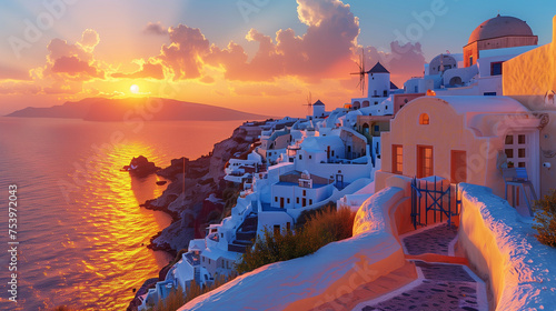 Oia Santorini Greece, Greek village at sunset with churches and blue domes