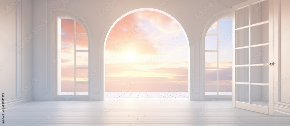Fototapeta premium An open door in a modern bright interior reveals a stunning sunset outside. The door frames the vibrant colors of the setting sun, creating a striking contrast with the interior space.