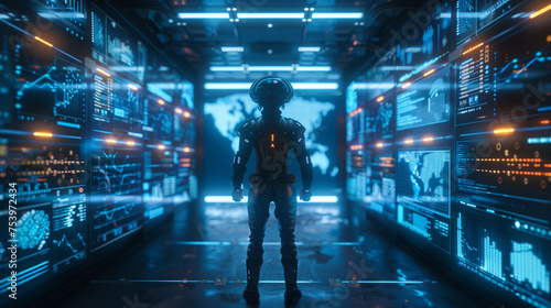 Man in a Futuristic depiction of the industry holograms, interaction with AI, Artificial Intelligence futuristic room. Industry and technology concept. INDUSTRY 4.0