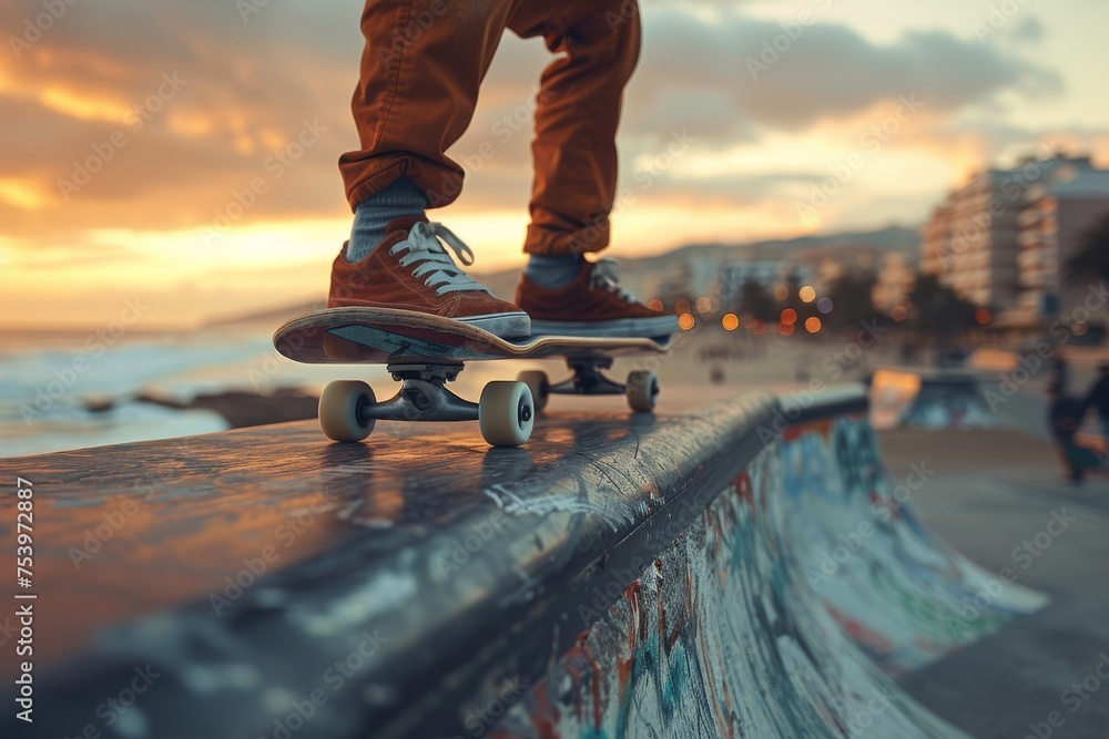 A skateboarder is displayed doing tricks on a ramp at a beachside skatepark during a picturesque sunset A skateboarder is displayed doing tricks on a ramp at a beachside skatepark during a picturesque sunset