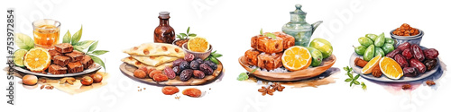 Watercolor Ramadan Food, Iftar Food, Islamic Food Isolated on transparent background, (PNG).