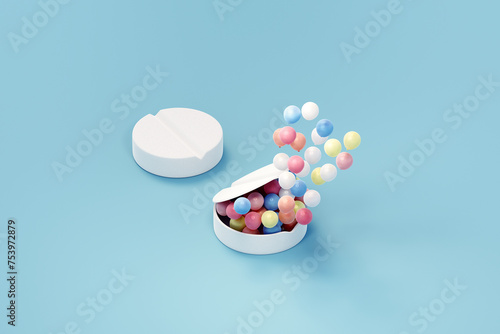 Colorful balloons coming out of round pill. Recreational drug use. photo