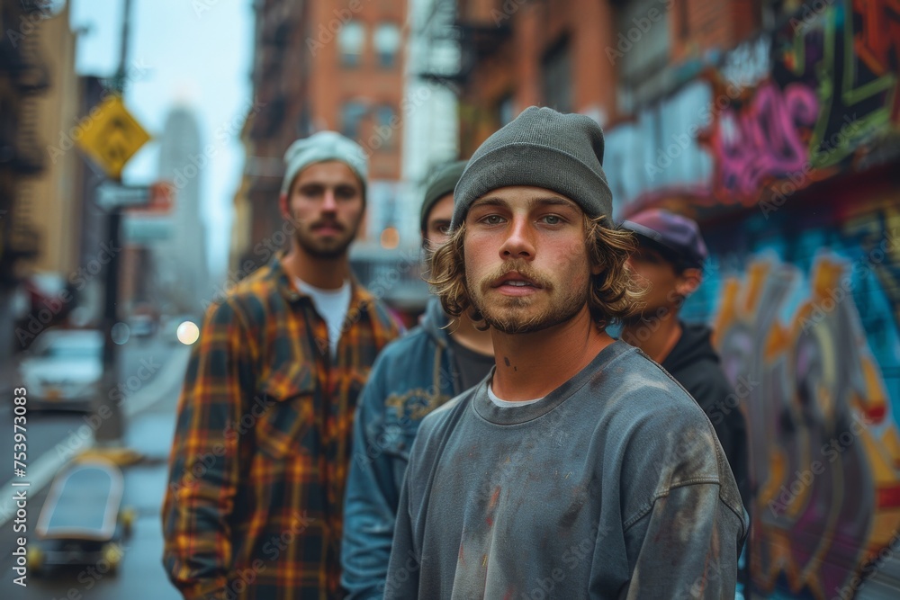 Fototapeta premium Young man with stubble and a beanie stands with peers against an urban graffiti backdrop