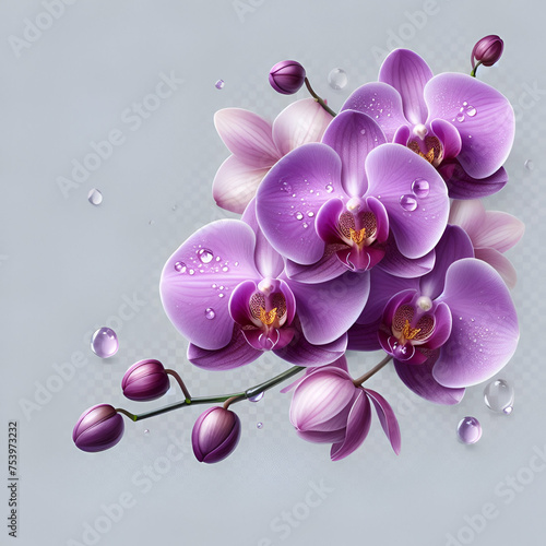 Close-Up of Bright Light Purple Orchids Flower Bouquet Sprig isolated on a transparent background. Healthy Minimalist Orchidaceae Thai Spa Treatments Aroma Candle Therapy Salt   Sugar Scrub Massage.