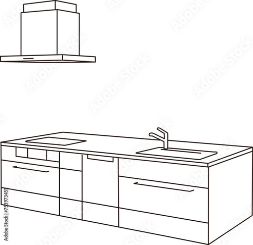 アイランドシステムキッチンの線画　ラインパース