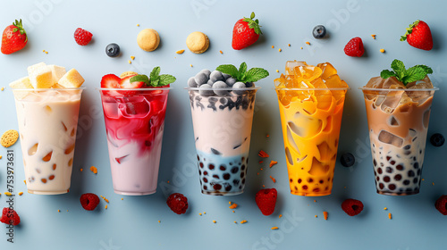 Colorful boba milk tea display with tapioca pearls, flat lay style. 
