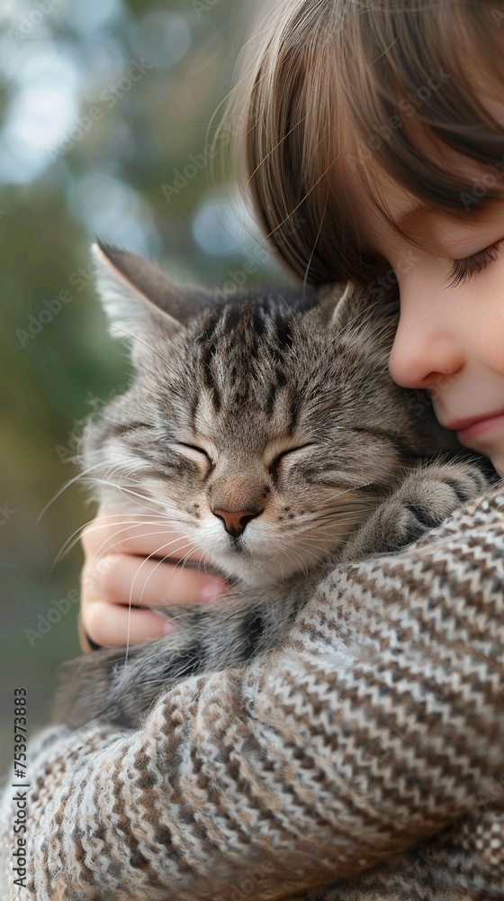 Close-up of a child hugging their pet cat outdoors love and friendship