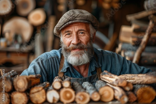 A senior bearded man smiles warmly in a carpentry workshop with a pile of freshly cut logs  projecting experience and craftsmanship