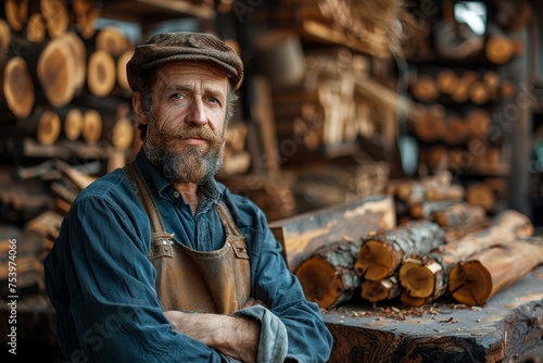 Wallpaper Mural A thoughtful elderly craftsman with a full beard stands arms crossed in a well-organized woodshop, representing skill and tradition Torontodigital.ca