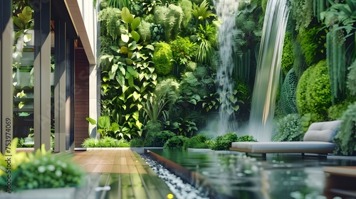 Modern gardening landscaping design details. Vertical garden indoors, living green wall with perennial plants and waterfall. Green tropical forest background. Modern open plan area with greenery  photo
