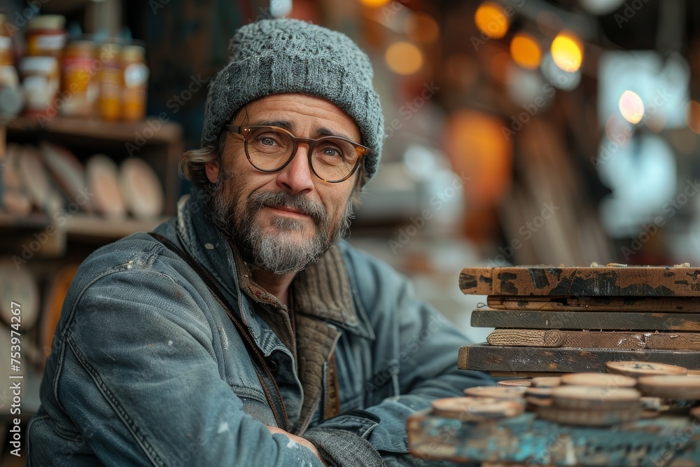 A relaxed craftsman with glasses leaning on stacked wooden rings in a shop A relaxed craftsman with glasses leaning on stacked wooden rings in a shop