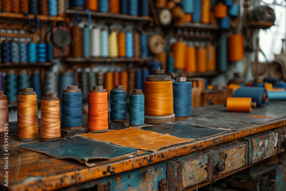 Colorful sewing threads neatly arranged on a ticking workbench in a professional tailor's shop