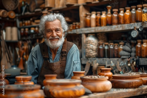 A cheerful elderly artisan surrounded by wooden bowls and utensils in a rustic woodworking shop © svastix