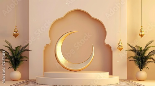 3d podium with Ramadan decoration, copy space - generative ai