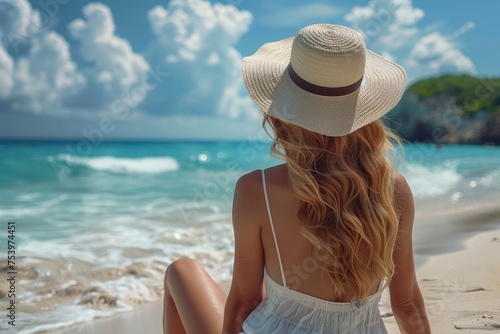 A woman in a sun hat enjoys the tranquility of a serene tropical beach with clear waters