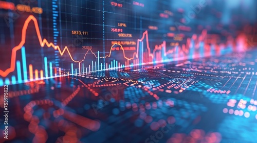 Close-up view of an advanced financial analysis interface with dynamic charts and fluctuating data points, showcasing market trends.