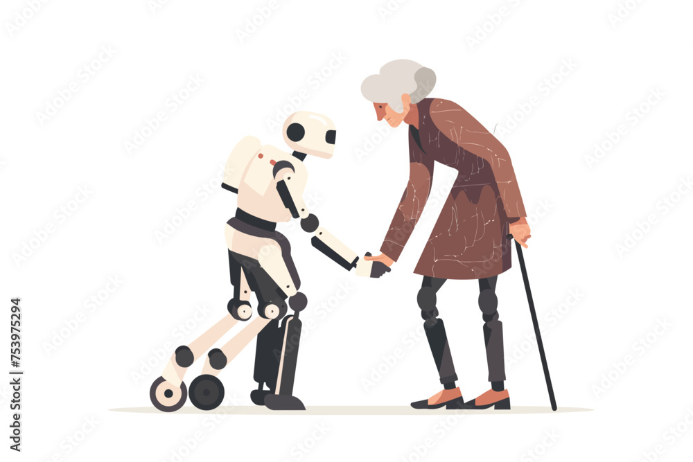 old woman and robot isolated vector style