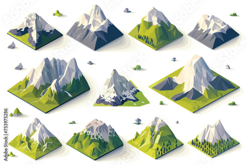 Mountains isometric tiles collection isolated vector style